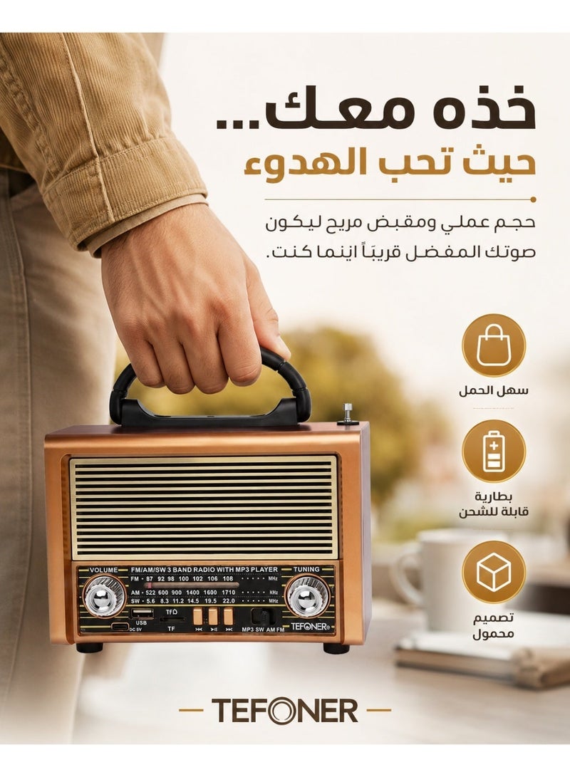 تيفونر، راديو محمول بمظهر كلاسيكي مع حقيبة موديل راديو بثلاث قنوات FM - AM - SW ذهبي/بني/أسود بلوتوث AUX بطاقة TF قرص فلاش USB راديو كلاسيكي راديو شحن راديو قران مسجل مسجل بلوتوث مسجل قديم راديو كلاسيكي - Image 3