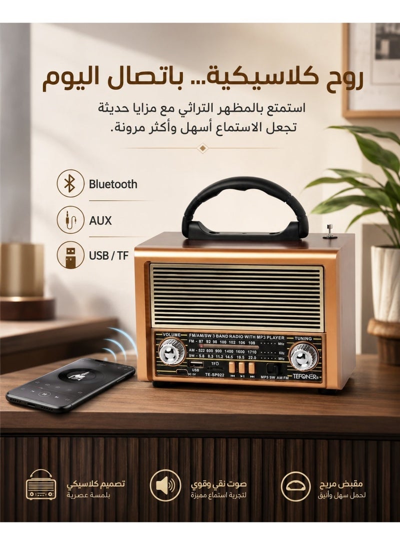 تيفونر، راديو محمول بمظهر كلاسيكي مع حقيبة موديل راديو بثلاث قنوات FM - AM - SW ذهبي/بني/أسود بلوتوث AUX بطاقة TF قرص فلاش USB راديو كلاسيكي راديو شحن راديو قران مسجل مسجل بلوتوث مسجل قديم راديو كلاسيكي - Image 1