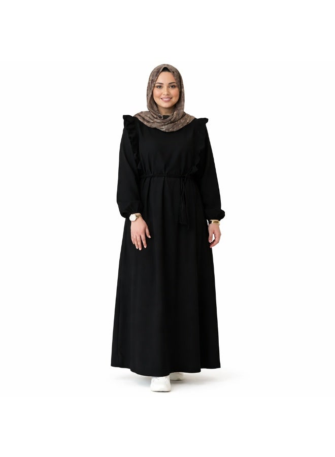Elegant black women's abaya with ruffle details on the shoulders and a side waist belt – a modern, modest design for elegant occasions and outings. Code 4044 - Image 1