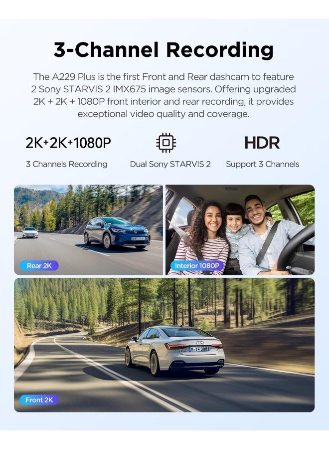 VIOFO A229 Plus 3 Channel Dash Cam, Dual STARVIS 2 Sensors, 3-Channel HDR, 1440P+1440P+1080P Front Inside and Rear Car Camera, 5GHz Wi-Fi, Voice Control, Ultra-Precise GPS, 24 Hours Parking Mode - Image 5