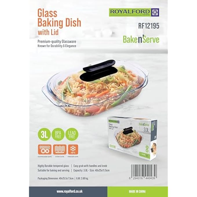 ريحني طبق خبز زجاجي بسعة 3 لتر بغطاء RF12195 صينية تحميص آمنة للفرن صينية تحميص زجاجية آمن وثلاجة وفريزر آمن ومتين سهل التنظيف مثالي للطهي والتقديم والتخزين والتجميد - Image 5