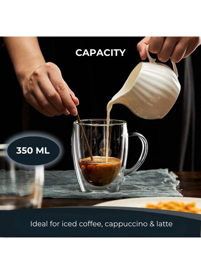 Blackstone Double Wall Glass Mugs Set of 2, 350ml Clear Coffee & Tea Cups with Handle for Hot and Cold Drinks, DH931 - Image 3