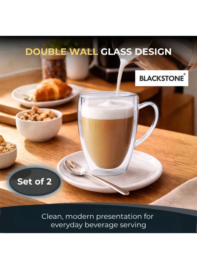 Blackstone Double Wall Glass Mugs Set of 2, 350ml Clear Coffee & Tea Cups with Handle for Hot and Cold Drinks, DH931 - Image 2