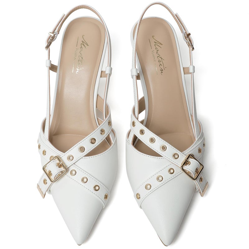 Mostrin White Slingback Kitten Heels for Women Studded Heeled Pumps Pointed Closed Toe Heels Vintage Stiletto Pumps Shoes - Image 5