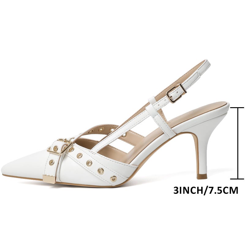 Mostrin White Slingback Kitten Heels for Women Studded Heeled Pumps Pointed Closed Toe Heels Vintage Stiletto Pumps Shoes - Image 4