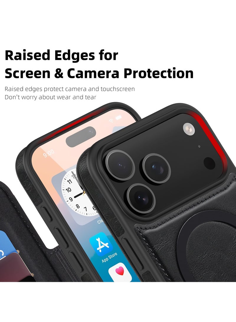 ICARLUS For iPhone 17 Pro Case Compatible with MagSafe RFID Blocking Card Holder Leather Phone Cover - Black - Image 3