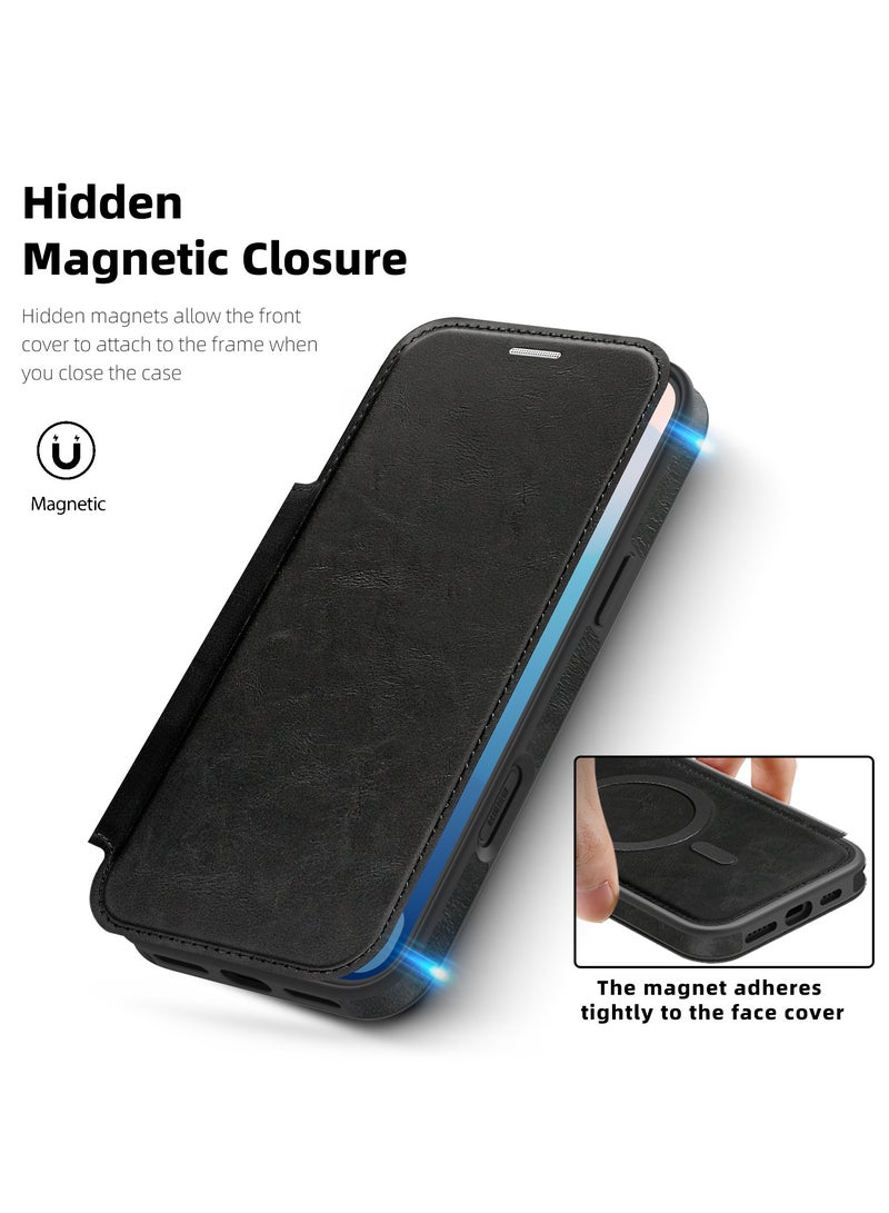 ICARLUS For iPhone 17 Pro Case Compatible with MagSafe RFID Blocking Card Holder Leather Phone Cover - Black - Image 5