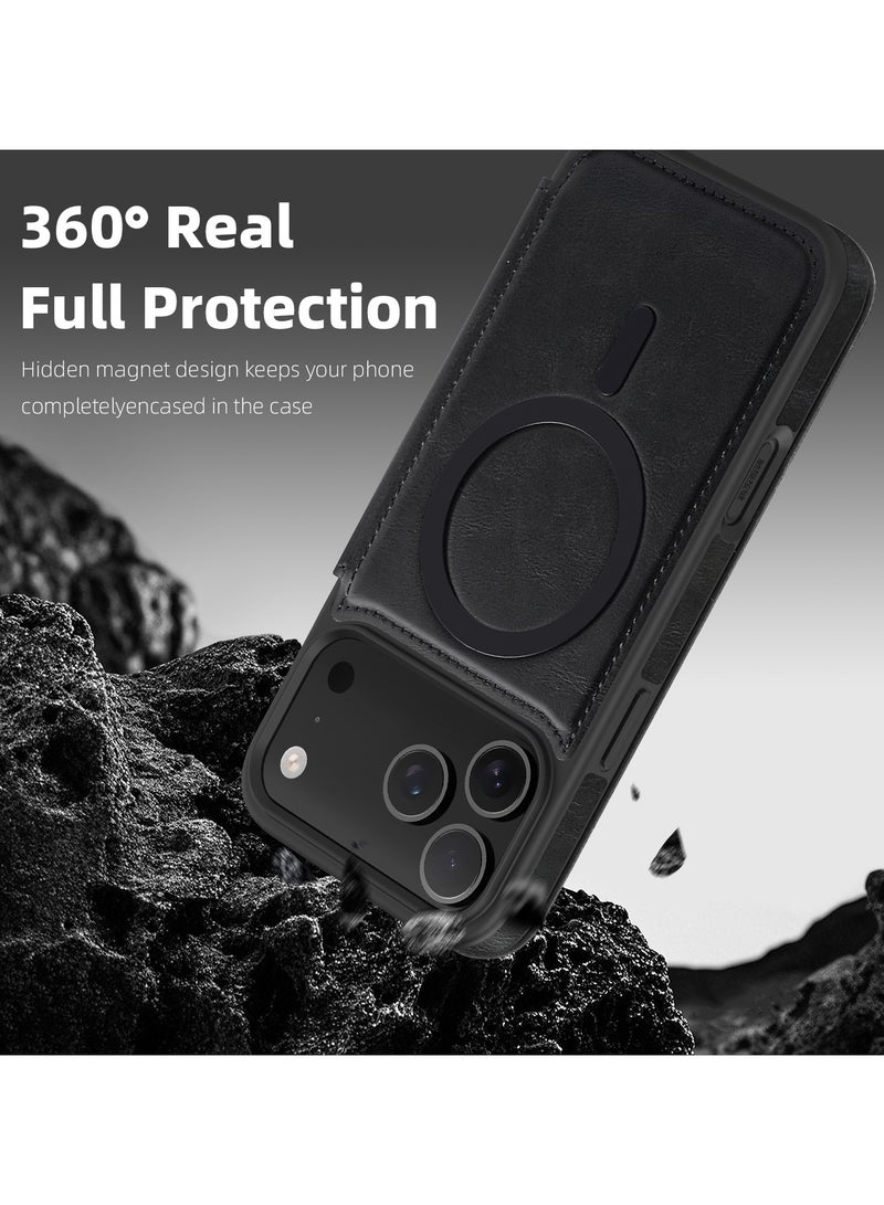 ICARLUS For iPhone 17 Pro Case Compatible with MagSafe RFID Blocking Card Holder Leather Phone Cover - Black - Image 2
