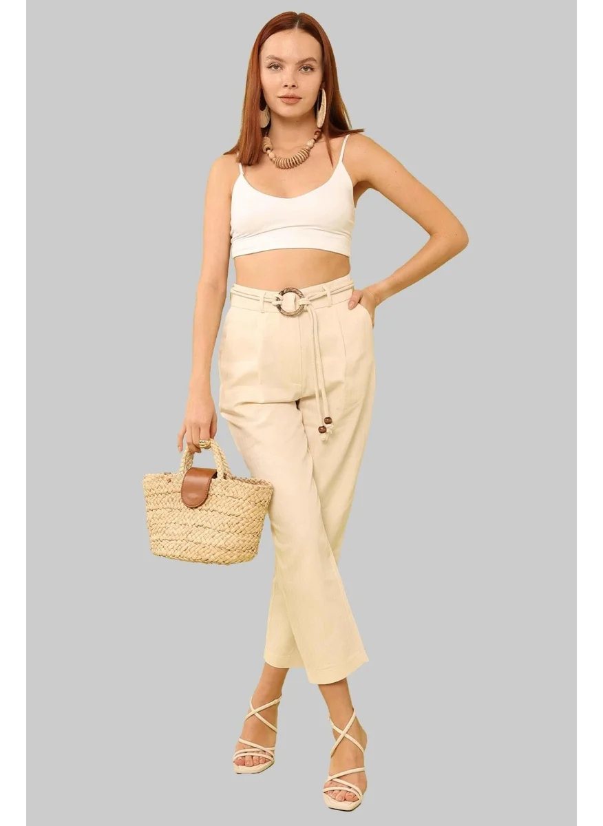تينا Women's Natural Waist Belted Basic Herringbone Gabardine Fabric Trousers
