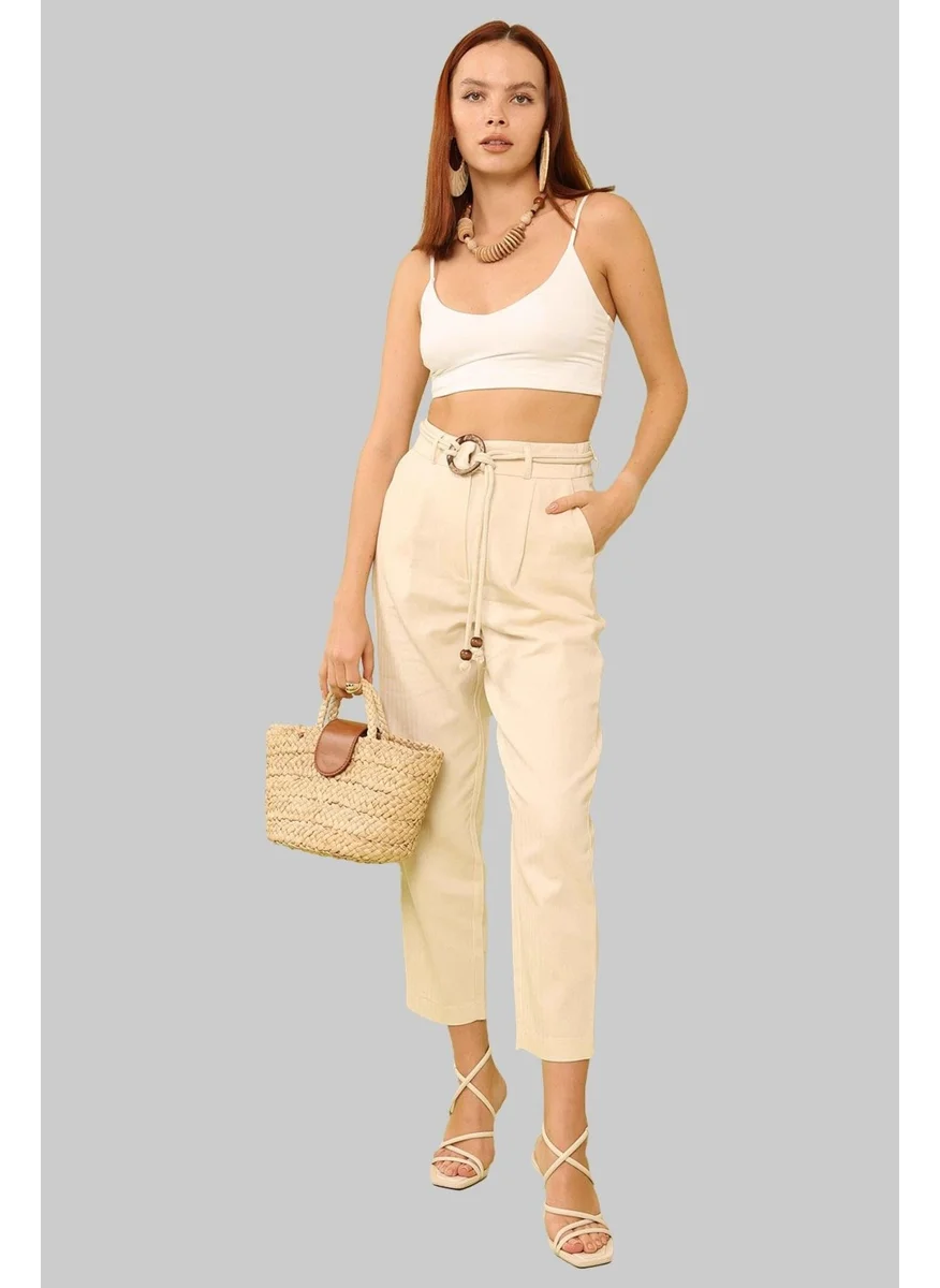 تينا Women's Natural Waist Belted Basic Herringbone Gabardine Fabric Trousers