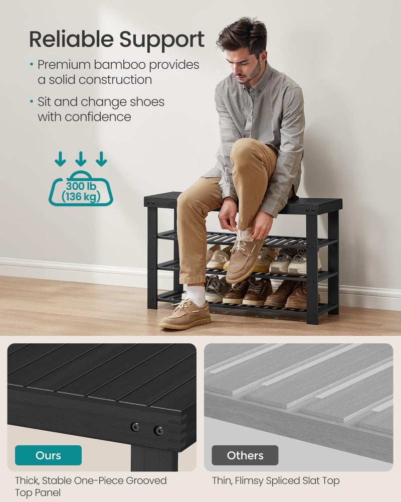 SONGMICS Shoe Rack Bench, 4 Tier Bamboo Shoe Storage Organizer, Entryway Bench, for Living Room, Bathroom, Bedroom, 11.3 x 35.2 x 20.5 Inches, Ink Black ULBS390BH01 - Image 3