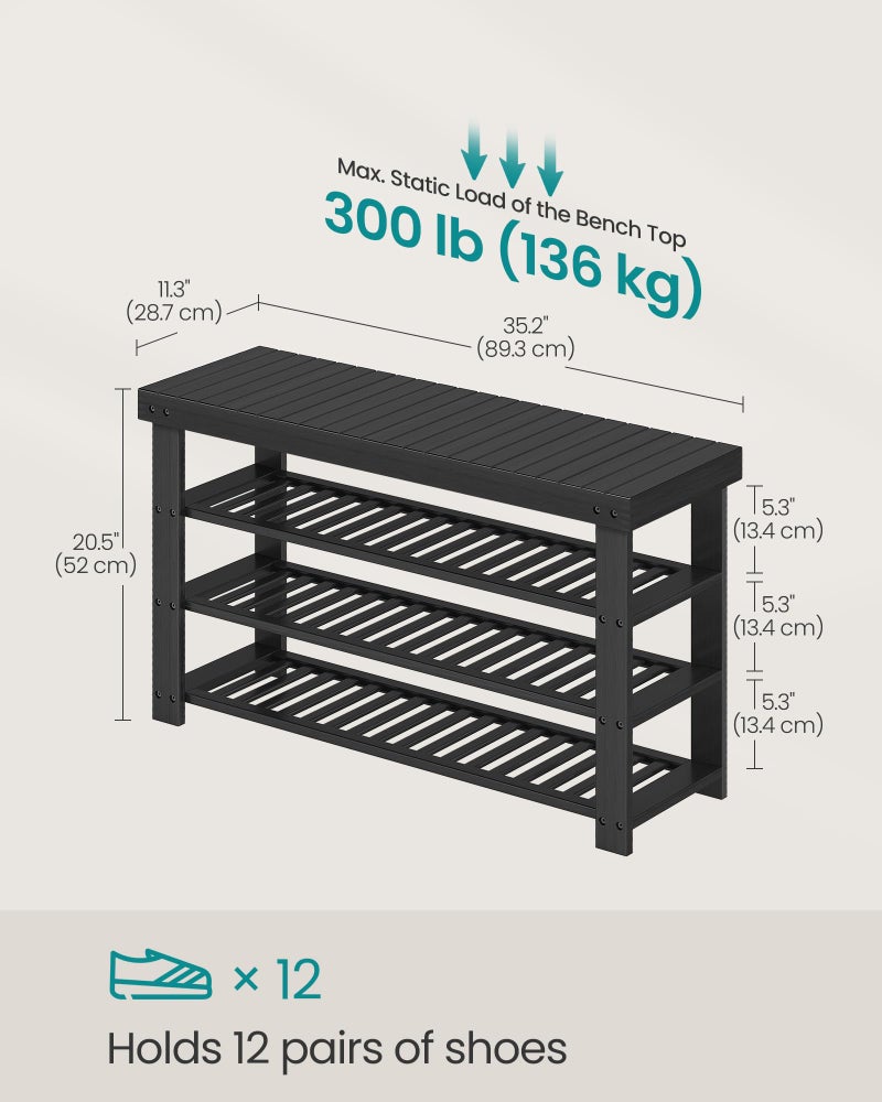 SONGMICS Shoe Rack Bench, 4 Tier Bamboo Shoe Storage Organizer, Entryway Bench, for Living Room, Bathroom, Bedroom, 11.3 x 35.2 x 20.5 Inches, Ink Black ULBS390BH01 - Image 5