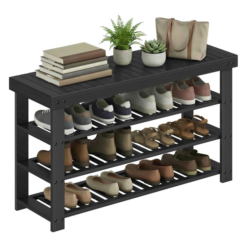 SONGMICS Shoe Rack Bench, 4 Tier Bamboo Shoe Storage Organizer, Entryway Bench, for Living Room, Bathroom, Bedroom, 11.3 x 35.2 x 20.5 Inches, Ink Black ULBS390BH01 - Image 1
