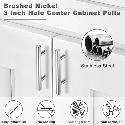 Estmoon 30 Pack Brushed Nickel Cabinet Handles 3 Inch Hole Center Drawer Pulls Stainless Steel Cabinet Pulls Silver Kitchen Handles Cabinet Hardware for Drawers, Cupboards - 5" Length, 3" Hole Center - Image 2
