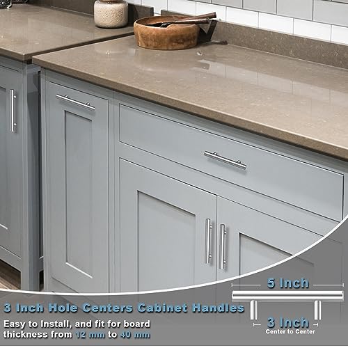 Estmoon 30 Pack Brushed Nickel Cabinet Handles 3 Inch Hole Center Drawer Pulls Stainless Steel Cabinet Pulls Silver Kitchen Handles Cabinet Hardware for Drawers, Cupboards - 5" Length, 3" Hole Center - Image 4