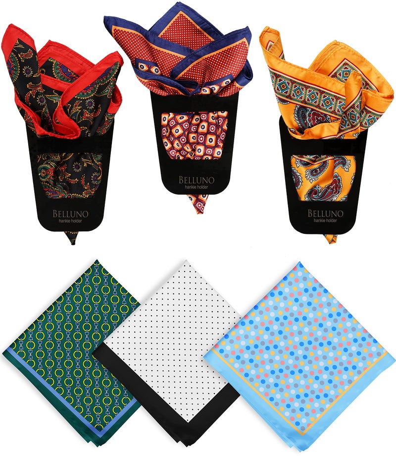 BELLUNO Pocket Square 6 pcs with 3 Folds Holders, Penetrating Printed Handkerchiefs Set for Men - Image 1