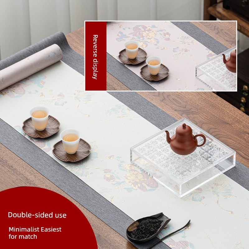 Embossed woven gold double-sided tea mat waterproof double-layer dry brewing mat pink new table flag exquisite long Chinese tea table mat - Image 3