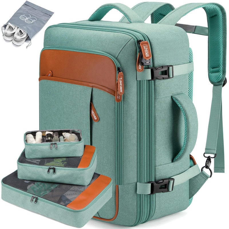 Lumesner Carry on Travel Backpacks, Extra Large 40L Flight Approved Bag for Men & Women,Expandable Suitcase Backpack With 4 Packing Cubes,Water Resistant Luggage Daypack Business Weekender Bag, Green - Image 1