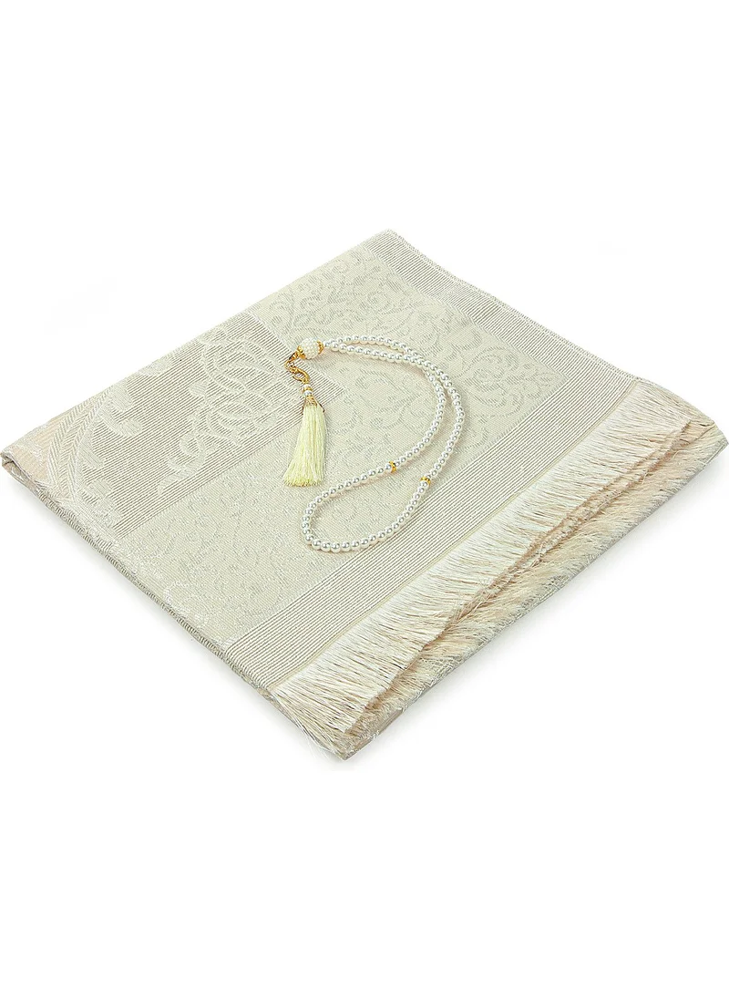 İhvan Online Gift Boxed Dowry Prayer Rug Set with Pearl Prayer Beads, Suitable for the Bride and Groom's Package, Cream