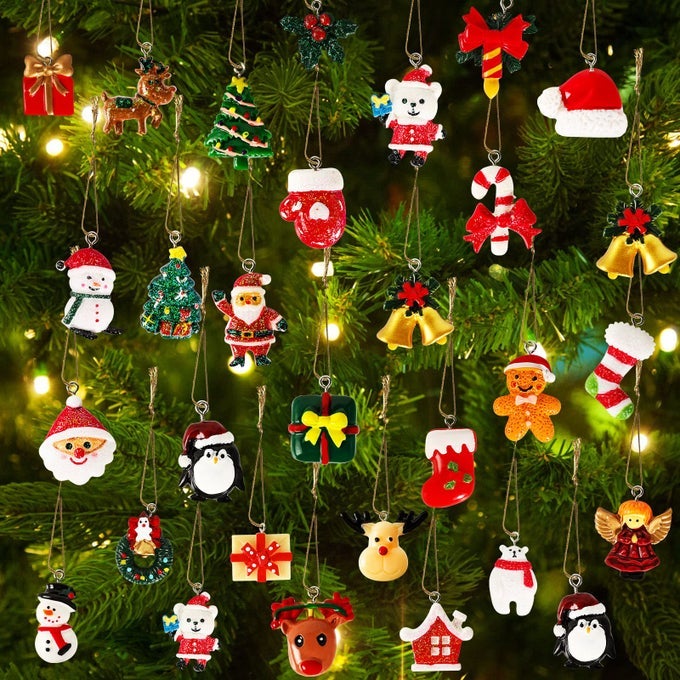 36PCS Mini Resin Christmas Ornaments Tiny Christmas Tree Decorations Set Comes with String Small Christmas Hanging Ornament for Christmas Tree Decorations