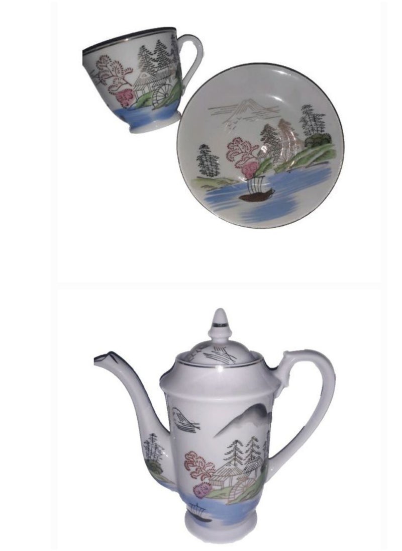 Generic Set of 14 pieces coffe set of 6 coffee cups, 6 saucers & coffee & milk pot  - Image 1