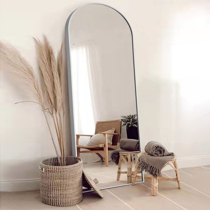 ARCHED FULL LENGTH MIRROR STANDING HANGING OR LEANING AGAINST WALL OVERSIZED LARGE BEDROOM MIRROR FLOOR MIRROR DRESSING MIRROR ALUMINUM ALLOY THIN FRAME SILVER 65X22