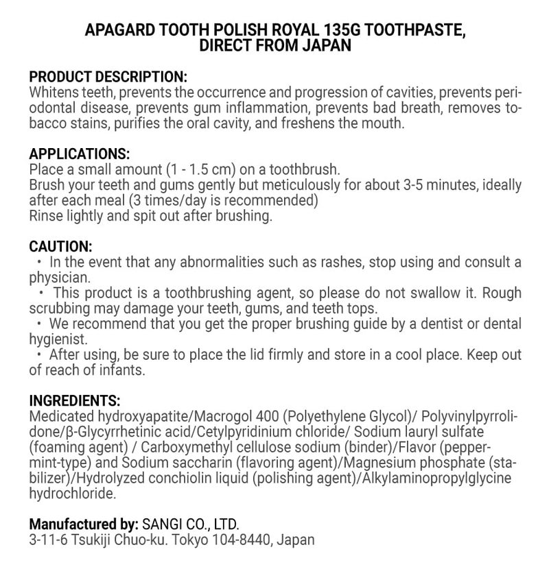 Apagard Tooth Polish Royal 135g toothpaste Direct from Japan - Image 3