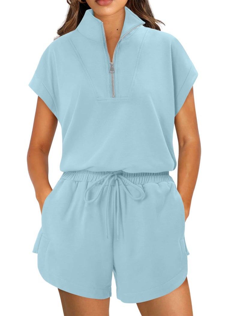 KISSMODA Two Piece Sets for Women Sweatsuit Half Zip Casual Tracksuits Short Sleeve Pullover Tops and Shorts 2026 Lounge Outfits Light Blue Small - Image 1