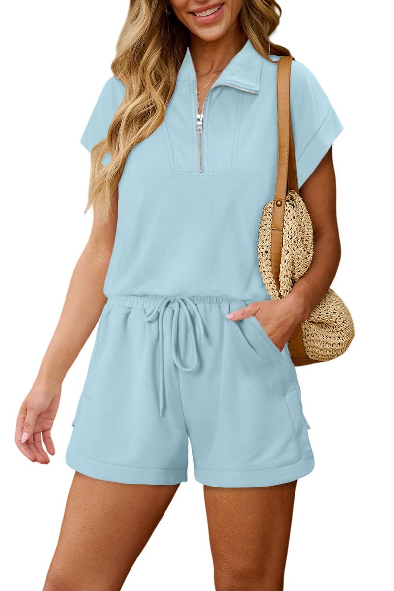 KISSMODA Two Piece Sets for Women Sweatsuit Half Zip Casual Tracksuits Short Sleeve Pullover Tops and Shorts 2026 Lounge Outfits Light Blue Small - Image 2