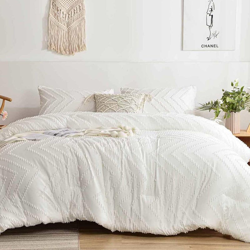Nanko White Duvet Cover Queen Size 3pc Boho Tufted Microfiber Bedding Comforter Cover Set All Season Aesthetic Shabby Chic Soft Embroidery Textured Geometric Quilt Cover 90x90 inches
