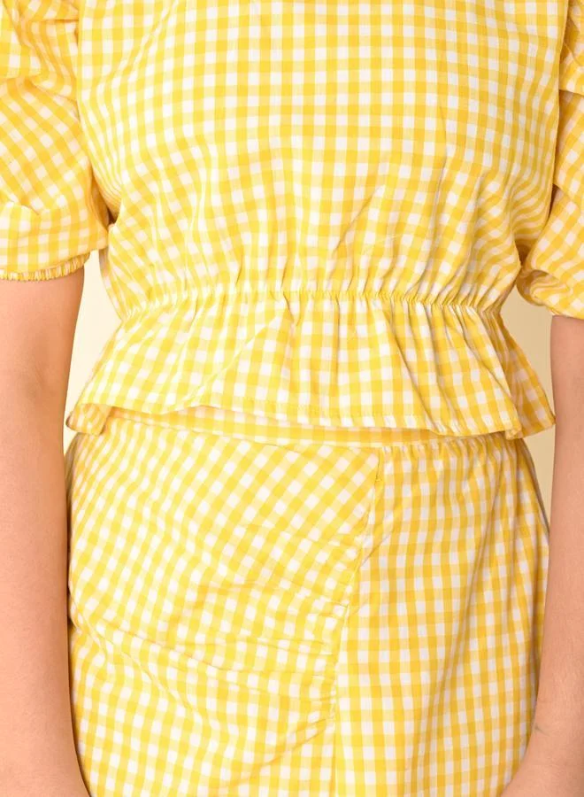 LILPICKS Checkered Balloon Sleeve Top with Wrap Skirt Set