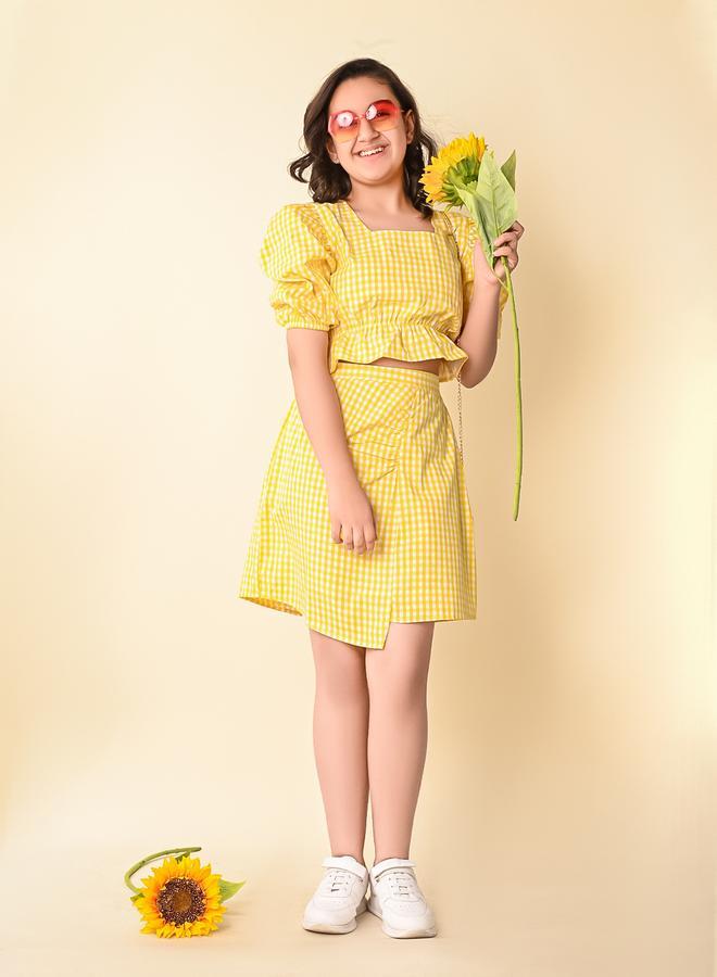 LILPICKS Checkered Balloon Sleeve Top with Wrap Skirt Set - Image 1