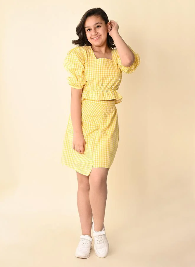 LILPICKS Checkered Balloon Sleeve Top with Wrap Skirt Set