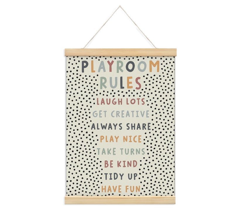 foedor Playroom Kids Tollder Room Wall Decor, Play Room Rules Wall Decor for Kids Play Game Room Bedroom Nursery Home School Playroom Essentials, Canvas Hanging Banner Wood Poster Frameds 12x16 Inch - Image 1