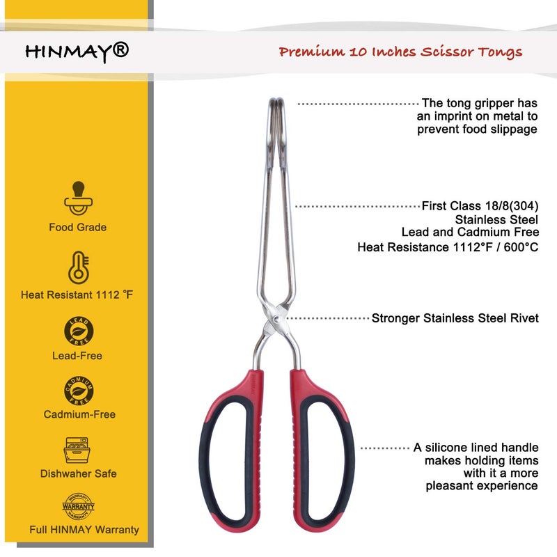 HINMAY Stainless Steel Scissor Tongs with Comfort-Grip Handle 10-Inch - Image 2
