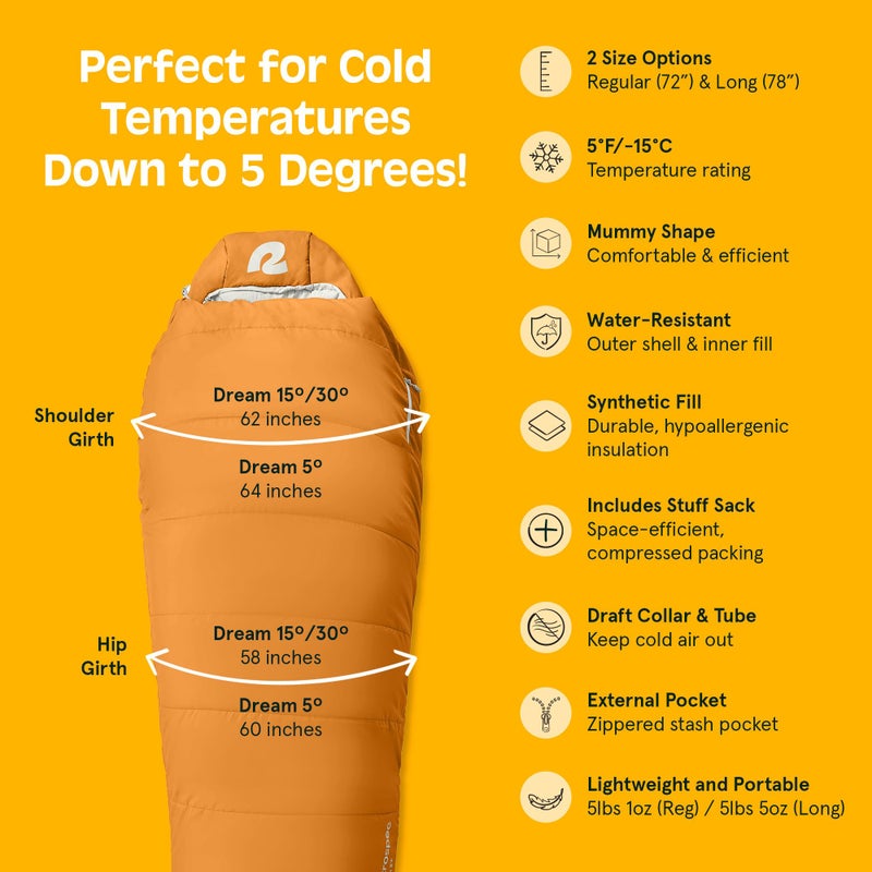 Retrospec Dream 30 Mummy Sleeping Bag - Insulated, Water-Resistant, Adjustable for Cold Weather Camping - Image 5