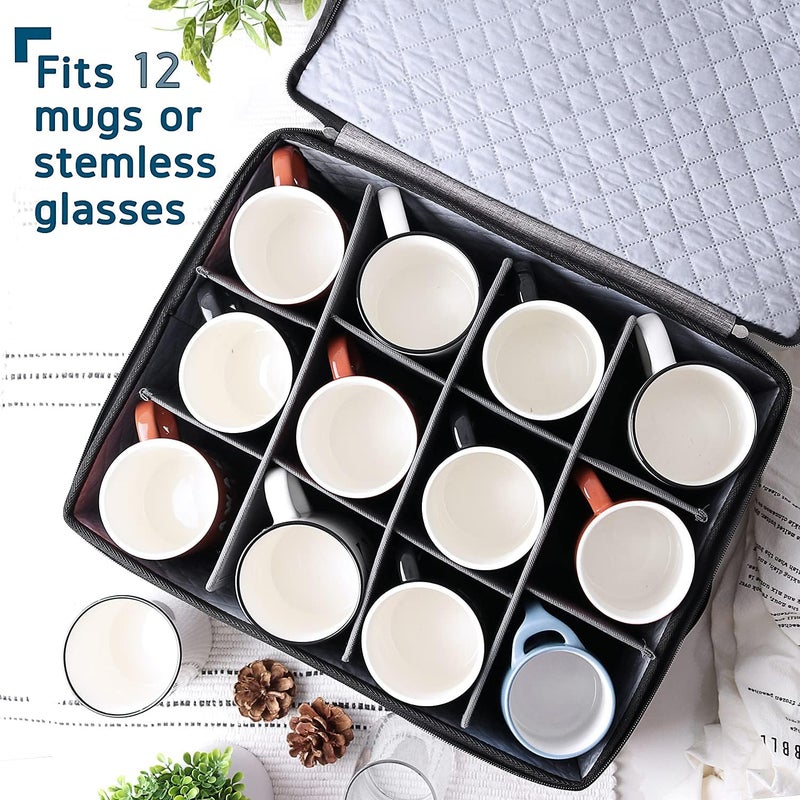 STORAGEBUD Coffee Mug Storage, Quilted and Stackable Coffee Cup Storage Organizer for Service of 12, Mug Storage Box with Dividers, Mug China Storage Containers Hard Shell for Moving and Seasonal Storage - Image 2
