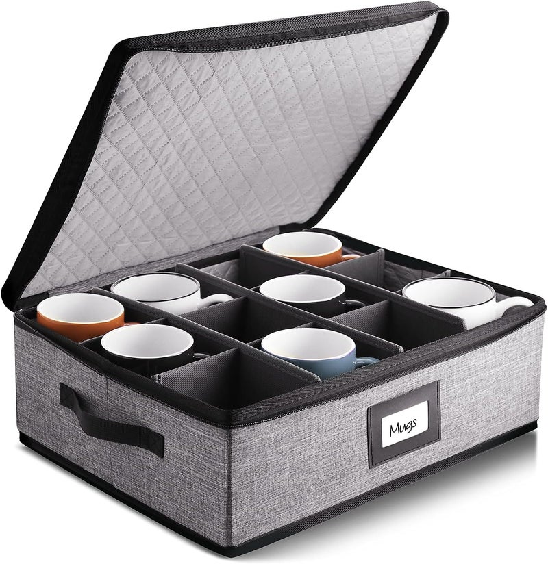 STORAGEBUD Coffee Mug Storage, Quilted and Stackable Coffee Cup Storage Organizer for Service of 12, Mug Storage Box with Dividers, Mug China Storage Containers Hard Shell for Moving and Seasonal Storage - Image 1