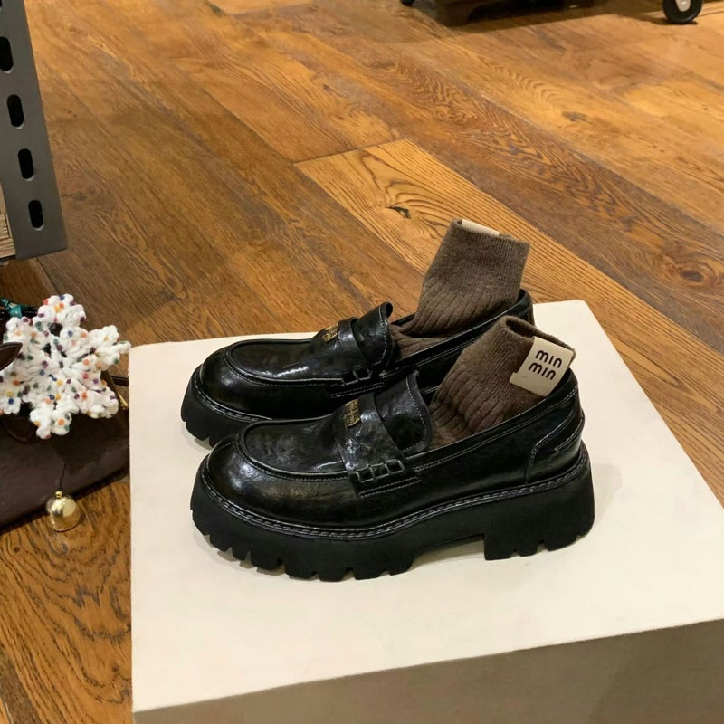 Cowhide Version Grape Mom Same Washed Horse Leather Round Head One Pedal Lazy Gold Coin Commuter Loafers Women'S Small Leather Shoes - Image 2