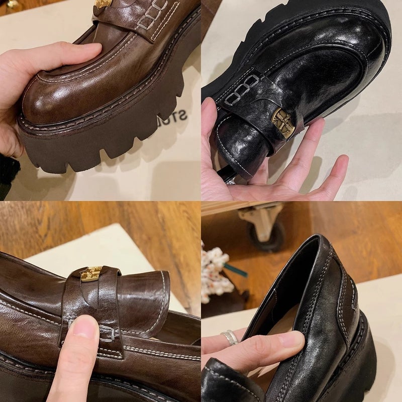Cowhide Version Grape Mom Same Washed Horse Leather Round Head One Pedal Lazy Gold Coin Commuter Loafers Women'S Small Leather Shoes - Image 4