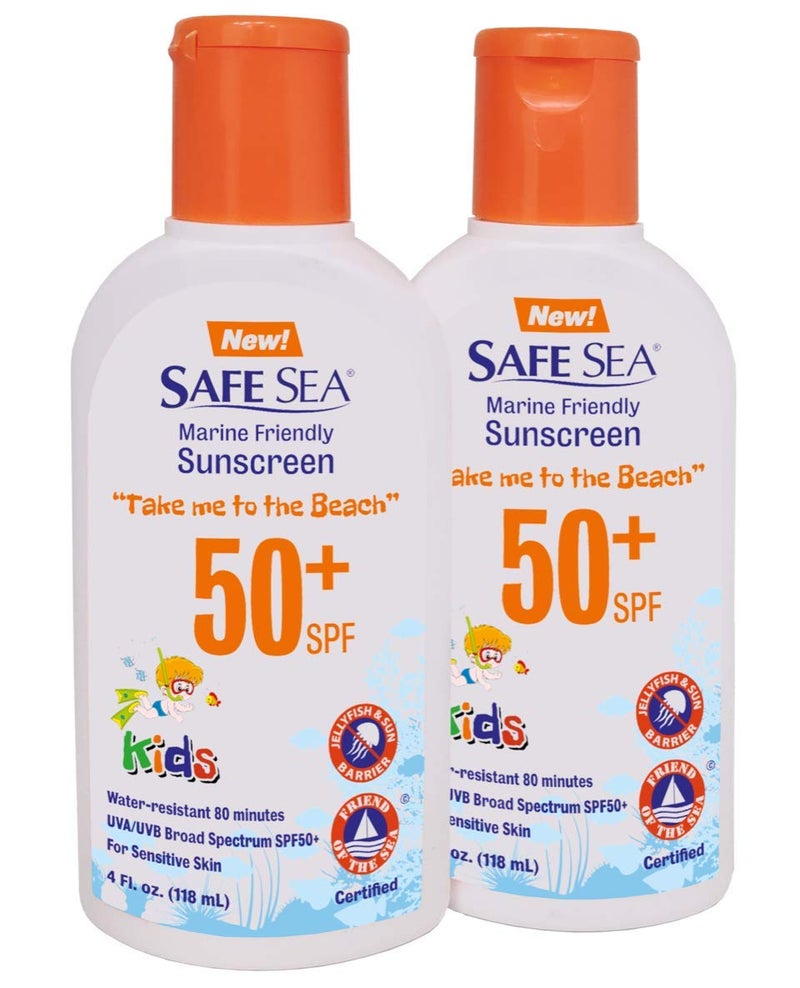 Safe Sea SPF50+ Kids sunscreen - Jellyfish and Sea lice protective lotion. Very Water Resistant, Sensitive skin Reef-Safe Sunscreen. Oxybenzone and Octinoxate free, Paraben free, 4 fl. Oz. Pack of 2 - Image 1