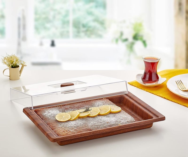 Evelin Rectangle Bread & Cake Serving Box Storage Container with Lid, Cupcake Serving Platter Tray with Lid, Dessert Stand Acrylic Cheese Cloche Dome with Wooden Base for Home Kitchen - Image 1