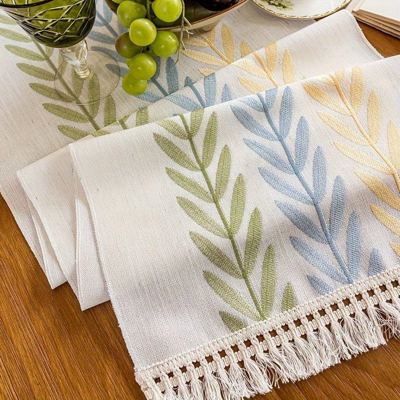 A White Embroidery Floral Vine Design Table Runner 39x270cm with Tassels for Kitchen Dining Coffee Table Wedding Daily Decor - Image 1