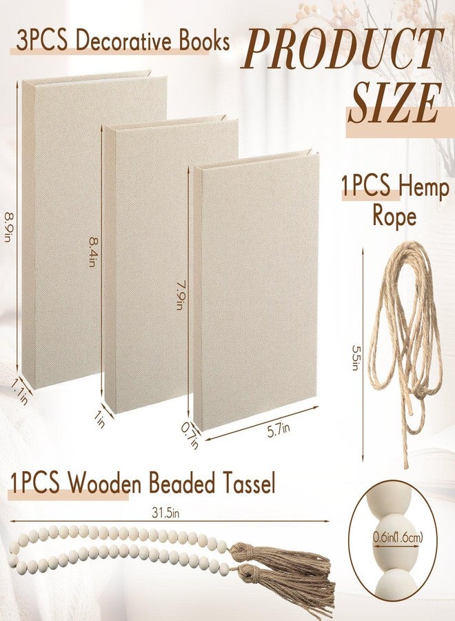 GlikCeil Linen Covered Decorative Books, Set of 3, Coffee Table Books Fabric Book Decor with Wooden Beaded Tassel Neutral Home Decor for Rustic Farmhouse Modern Shelves Tiered Tray - Image 2