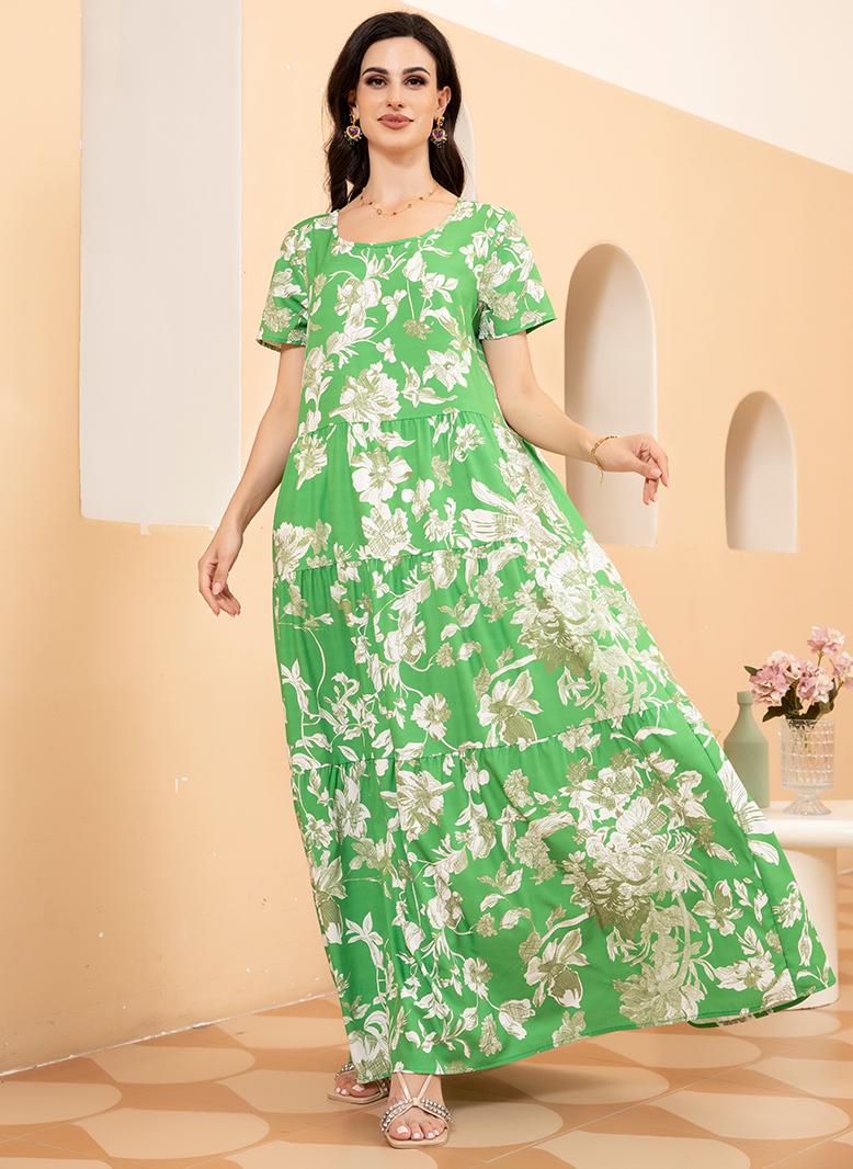 فرايديين لبس العطلة دائري زهري تباين اللون الربط كم منتظم فساتين طويلة اخضر - Image 5