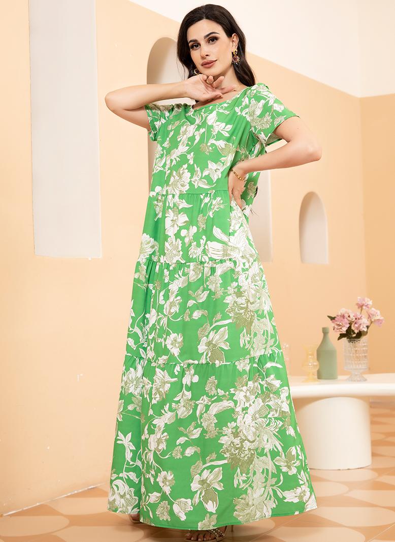 فرايديين لبس العطلة دائري زهري تباين اللون الربط كم منتظم فساتين طويلة اخضر - Image 4