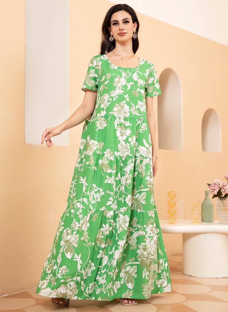 فرايديين لبس العطلة دائري زهري تباين اللون الربط كم منتظم فساتين طويلة اخضر - Image 1