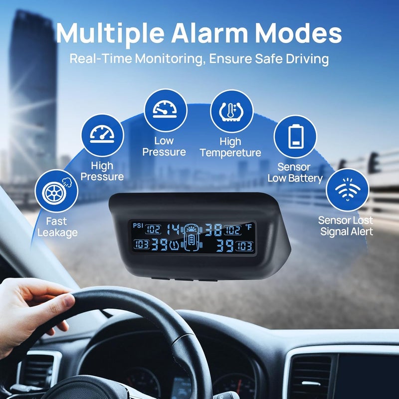 نظام مراقبة ضغط الإطارات ، نظام TPMS للمركبات الترفيهية/المقطورات مع شحن شمسي ومعايرة تلقائية، شاشة LCD M13 مع 4 حساسات TPMS (0-87 رطل/بوصة مربعة) - Image 3