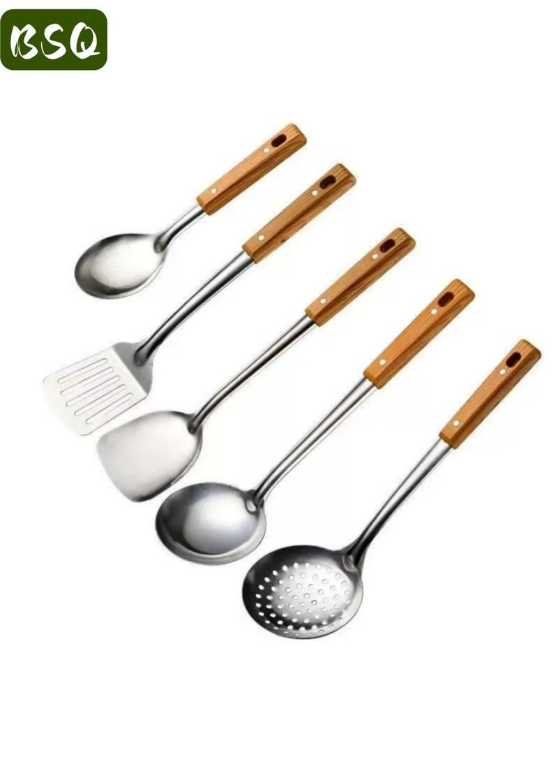 بي إس كيو مجموعة أدوات طهي ووك وملعقة من الفولاذ المقاوم للصدأ مكونة من 5 قطع - مجموعة أدوات ووك احترافية (مغرفة، ملعقة، ملعقة أرز، مصفاة، حجر قلي) - Image 4
