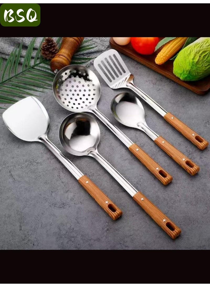 بي إس كيو مجموعة أدوات طهي ووك وملعقة من الفولاذ المقاوم للصدأ مكونة من 5 قطع - مجموعة أدوات ووك احترافية (مغرفة، ملعقة، ملعقة أرز، مصفاة، حجر قلي) - Image 5